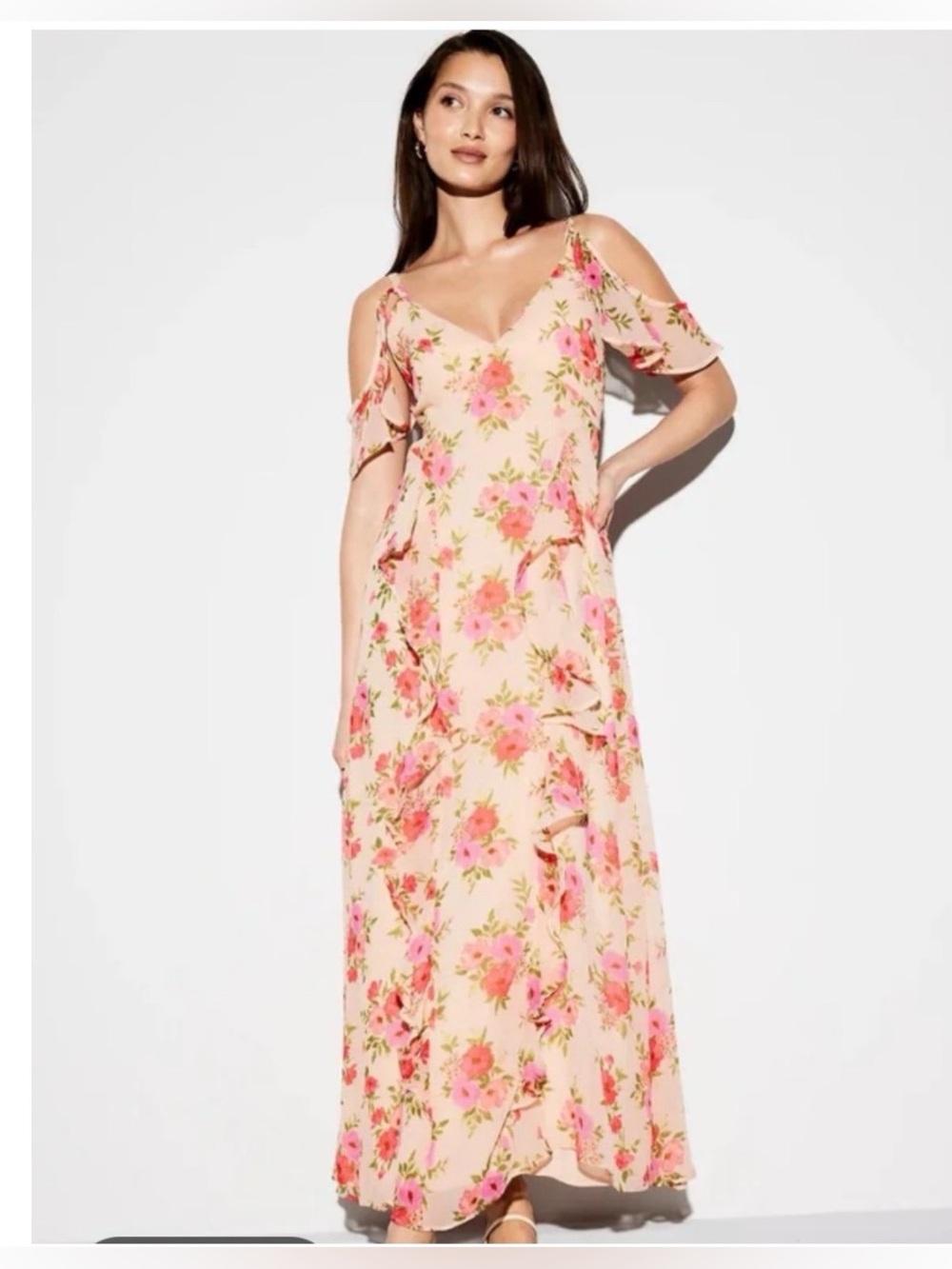 Off-Shoulder Ruffle Chiffon Maxi Dress